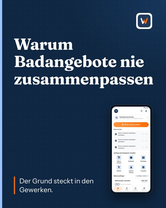 Carousel first slide in German: Warum Badangebote nie zusammenpassen, with the app on a phone.